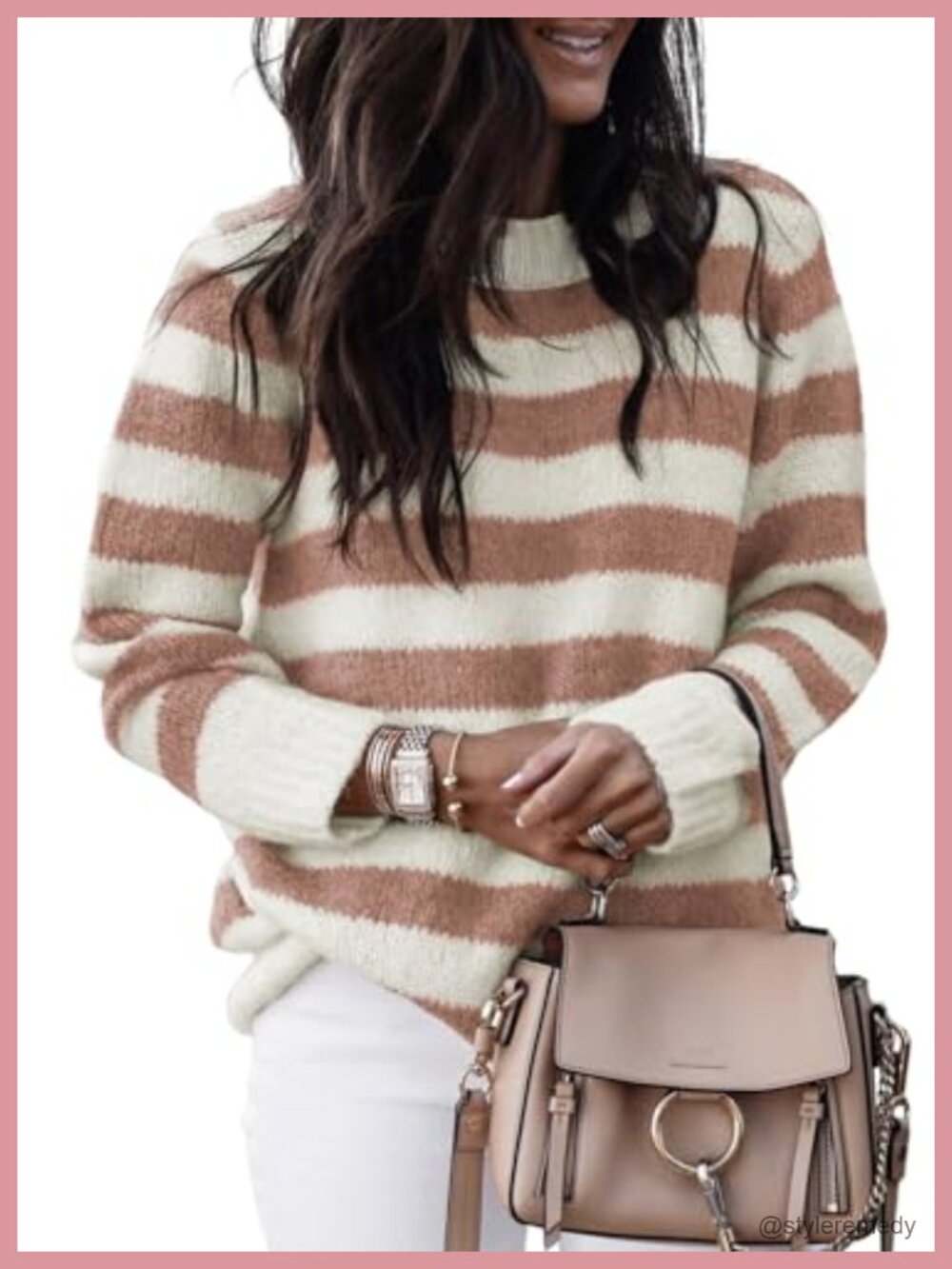 Striped Knit Pullover Sweater Women Long Sleeve Crew Neck Color Block Cozy Top